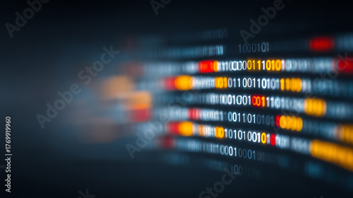 Abstract digital data flow with binary code, representing modern technology and information processing in a vibrant color scheme.