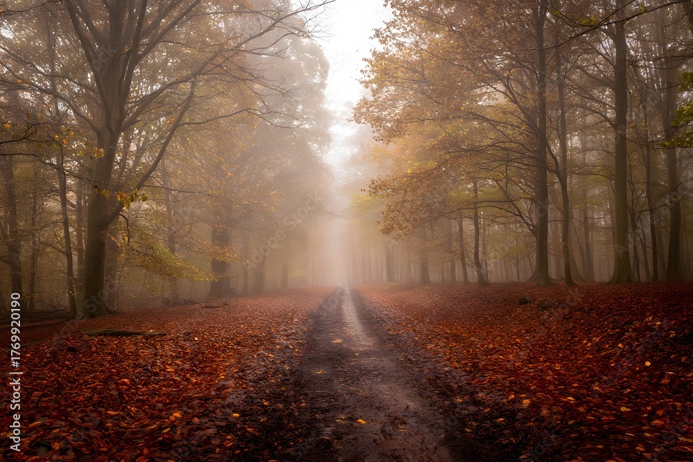 Fototapeta premium Foggy autumn morning in the park with trees and path