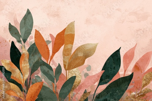 A vibrant botanical design featuring stylized leaves in warm tones of orange, rose, and gold, against a textured blush pink backdrop.