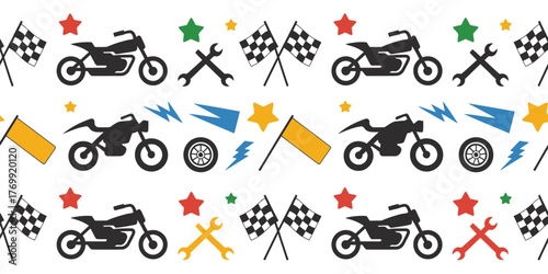 collection of colorfully designed motorcycle racing icons including checkered flags stars and tools on a light background perfect for motorsport vector illustrations automotive graphics and racing des