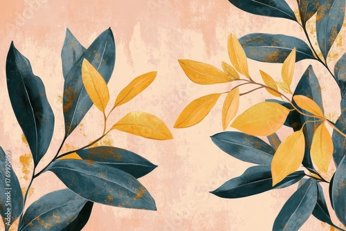 A muted, textured artwork showcasing a beautiful arrangement of gold-hued leaves against a delicate, rosy-peach background.