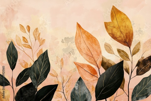 A delicate arrangement of autumnal leaves in muted tones of peach and gold, set against a soft, textured backdrop, evokes a tranquil and serene atmosphere.