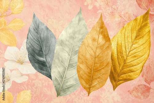 Four intricately detailed leaves in muted tones of gold, gray, and beige, displayed against a delicate, blush pink backdrop with soft floral elements, evoking a sense of serenity and natural beauty.