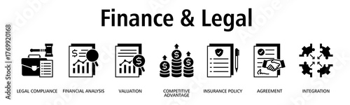 Finance & Legal banner web icon vector illustration concept with icon of legal compliance, financial analysis, valuation, competitive advantage, insurance policy, agreement
