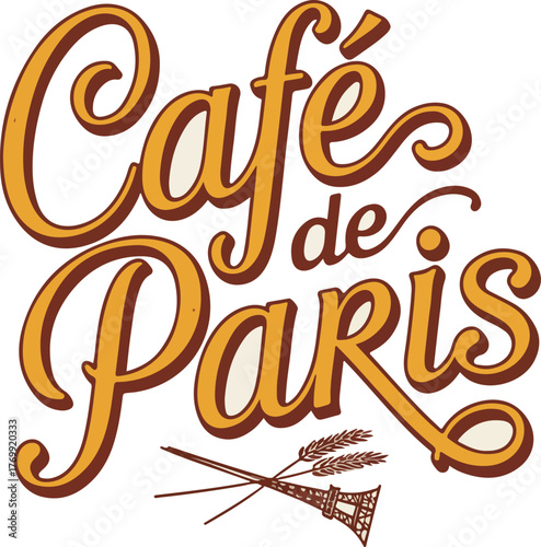 Cafe de Paris vector typography design featuring vintage French style and Eiffel Tower illustration