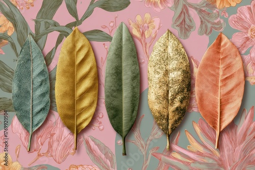 Five stylized leaves in shades of gold, green, and orange, arranged against a backdrop of floral patterns in muted pink and teal.