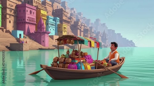 Animated Boat Ride: Man Selling Souvenirs on Ganges River, Colorful Varanasi Backdrop
