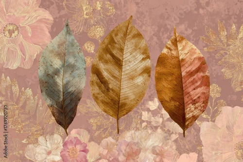 Three autumnal leaves, in shades of muted gold, rust, and teal, are set against a backdrop of delicate, pastel-colored flowers and textured, dusty rose tones.