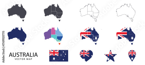 australia vector map set with flag icons states borders and outlines