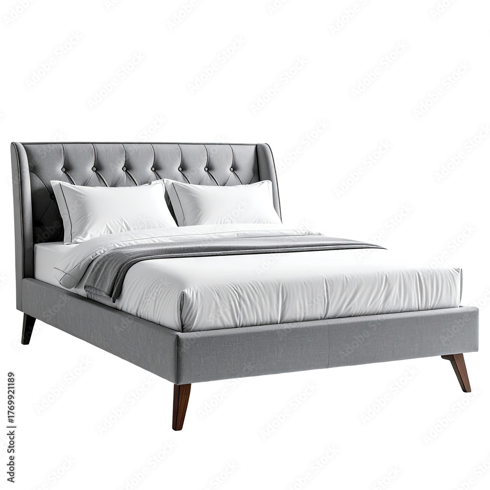 Obraz premium Upholstered grey bed with buttoned headboard, bedding