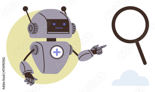 Robot with antennae pointing at a large magnifying glass. Ideal for technology, AI, innovation, research, discovery, problem-solving, education. Perfectly symbolizes simple flat metaphor