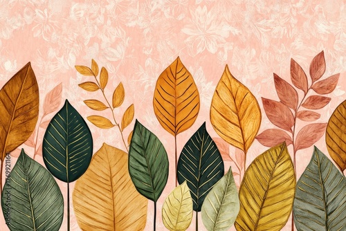 A decorative arrangement of autumnal leaves in warm earthy tones against a soft, textured backdrop.