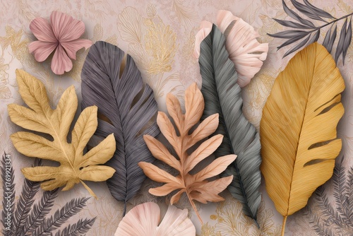 A delicate arrangement of various tropical leaves and blossoms in muted pastel tones against a soft beige background creates a tranquil and artistic design.