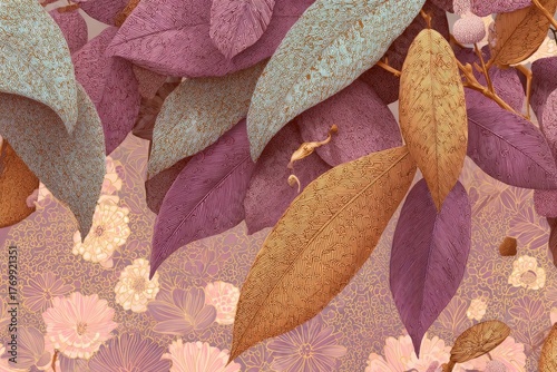 A detailed illustration of various leaves in muted hues of gold, purple, and teal, layered over a backdrop of delicate floral patterns.