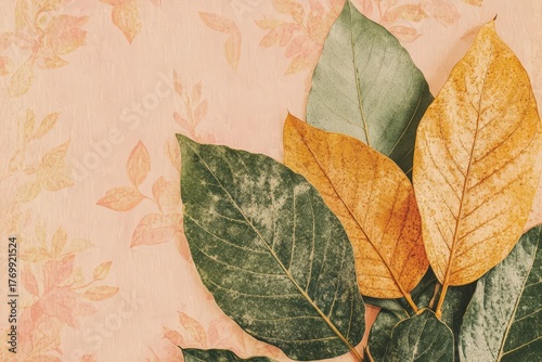A cluster of dried leaves in muted autumnal tones against a delicate, pastel pink backdrop.