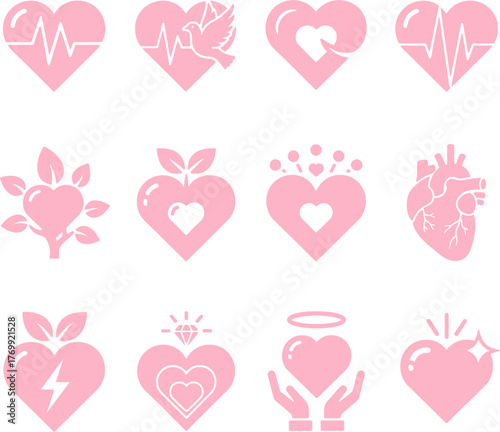 Set of 12 Black Glyph Heart Icons with EKG, Diamond, Hands, and Anatomy Symbols