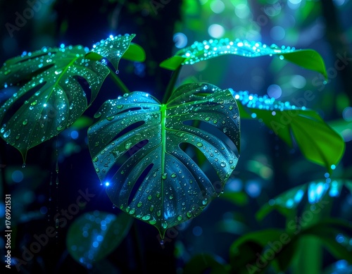 Water drops on the leaves. 