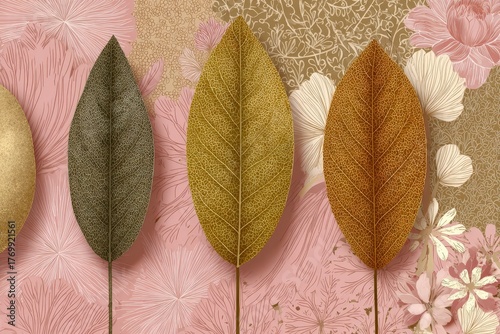 Three stylized leaves in gold, brown, and green hues, arranged against a backdrop of delicate pink flowers and patterned designs.