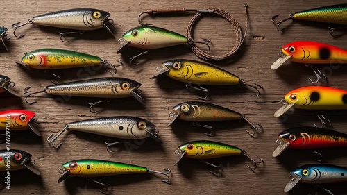 Fishing Lures Collection on Wooden Surface Close Up.