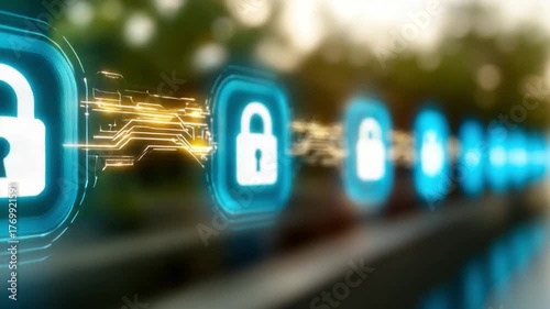 Digital Fortress: A close-up view of glowing digital padlocks, interwoven with intricate circuit patterns, representing robust online security and data protection.