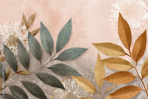 A delicate arrangement of muted gold and teal leaves and flowers against a soft, textured backdrop, evoking a sense of tranquil beauty.