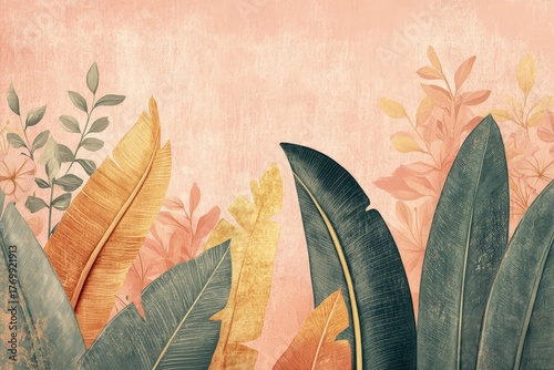 A decorative arrangement of colorful leaves and flowers against a delicate, textured backdrop creates a serene and artistic composition.