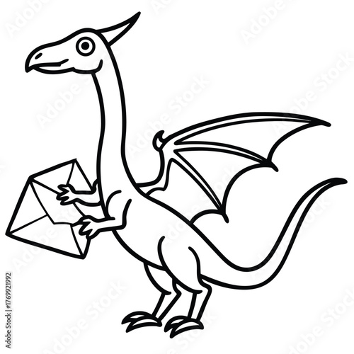 Cartoon Dragon Holding an Envelope with Wings Extended Keywords: dragon, fantasy, mythical creature, wings