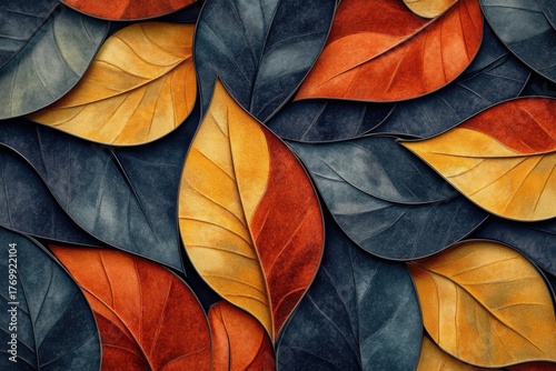 A rich tapestry of overlapping autumn leaves, showcasing a vibrant mix of deep golds, deep reds, and dark blues.