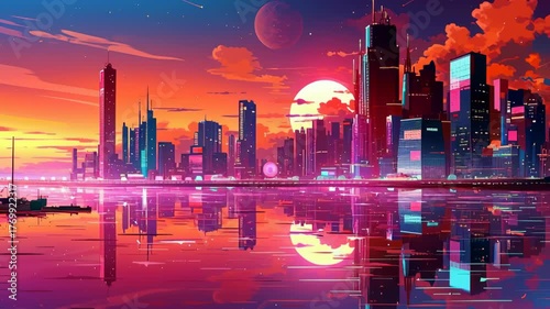 Vibrant city skyline at sunset showcases tall skyscrapers reflecting in calm waters, surrounded by colorful lights and dramatic clouds in sky