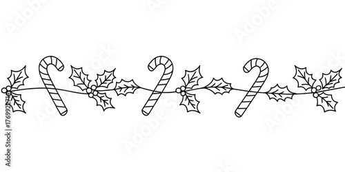 candy canes and holly leaves connected in a festive garland design for Christmas decoration themes.