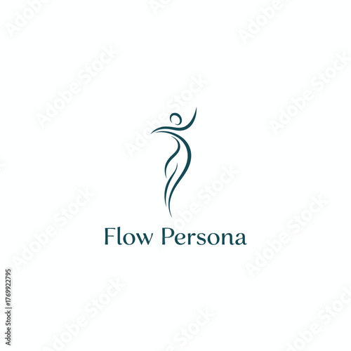 A teal silhouette of a stylized human figure with a flowing form and raised arm, and text below