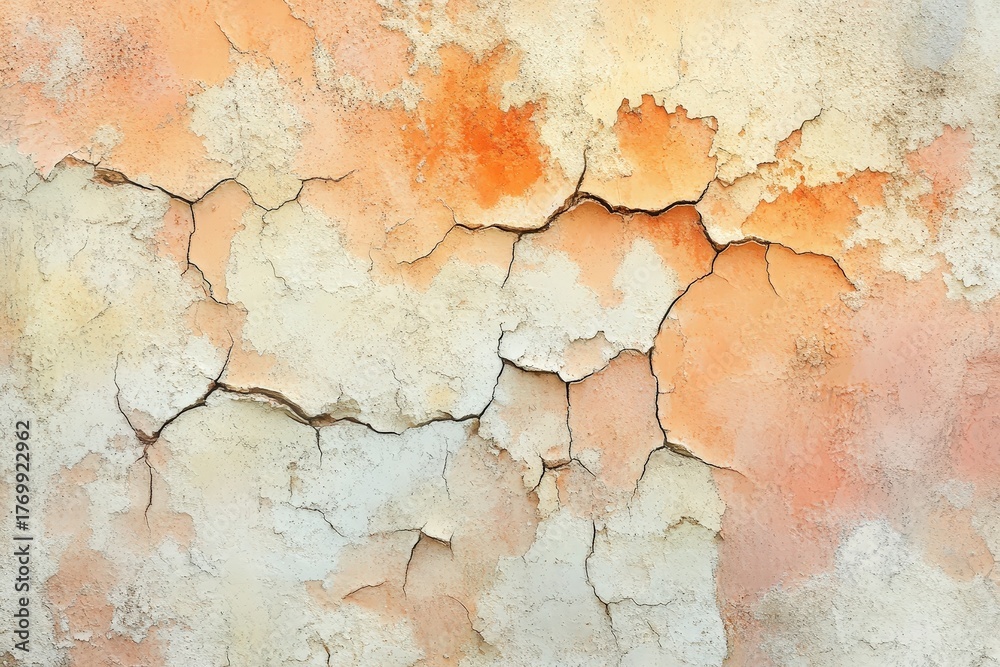 Obraz premium A close-up view of a weathered stucco wall, exhibiting deep cracks and varying shades of pale orange and beige.