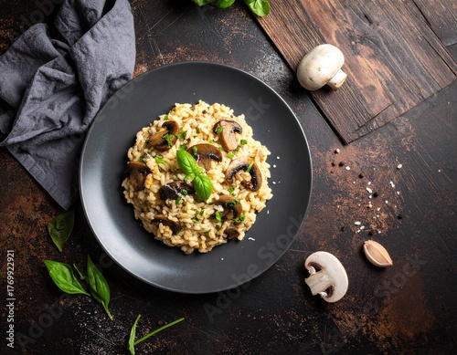 Mushroom Risotto on Rustic Wooden Table. Flat lay of creamy mushroom risotto served in a bowl on rustic wooden table. Ideal for restaurant ads or cozy food designs.