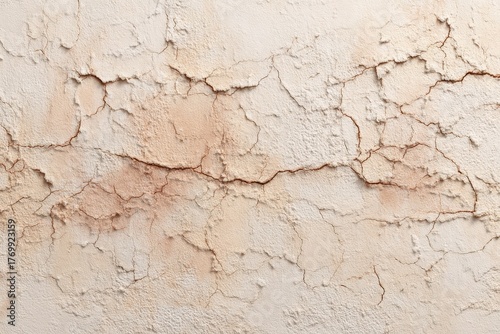 A close-up view of a textured wall surface, displaying deep cracks and muted beige and tan hues.