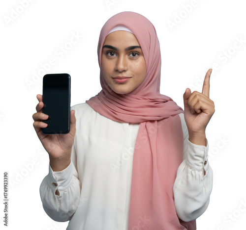 muslim woman presenting smartphone app on white background.