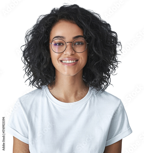smiling woman portrait with glasses on white background.