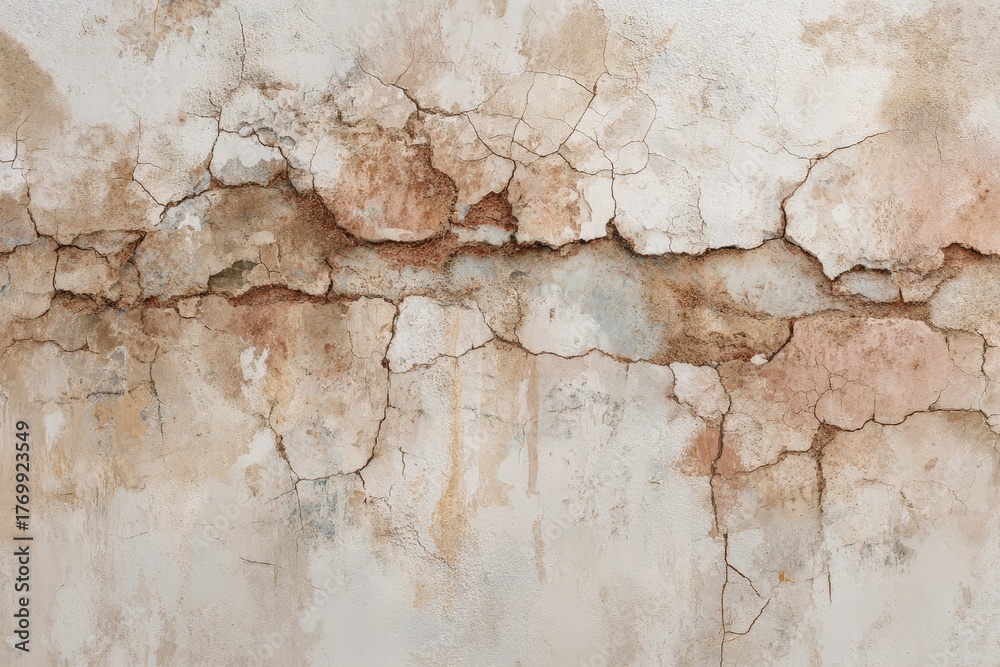 Obraz premium A weathered, light beige and tan colored exterior wall, heavily fractured with deep, wide cracks and varying tones of pale brown and light gray, displaying a sense of age and decay.