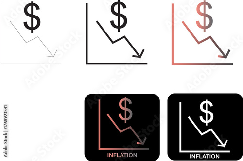 Set of 5 minimalist icons illustrating declining inflation rates and financial downturns, suitable for economic and business contexts