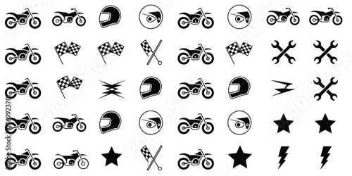 motocross racing graphics collection with motorcycles helmets checkered flags stars and lightning bolts designed for automotive vector art decals stickers and motorsport inspired design projects
