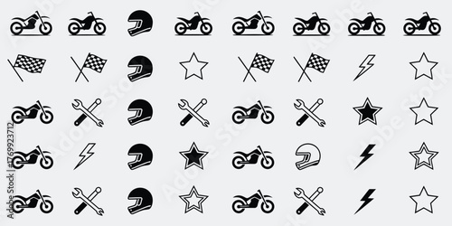 motocross racing element set featuring motorcycles helmets checkered flags stars and lightning bolts ideal for vector illustration decals stickers automotive graphics and creative motorsport design pr