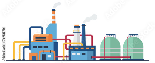 Flat vector illustration of modern industrial factory with colorful pipelines and gas storage tanks concept for energy plant oil refinery and power production