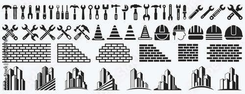 Collection of construction tools building materials and architectural icons, Set of silhouette icons featuring tools, bricks, cones, hard hats, and stylized building structures for design projects