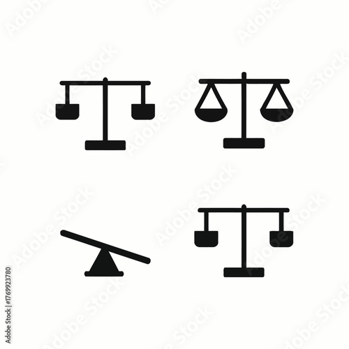 Set of four balance scale icons representing justice, legal, and measurement concepts