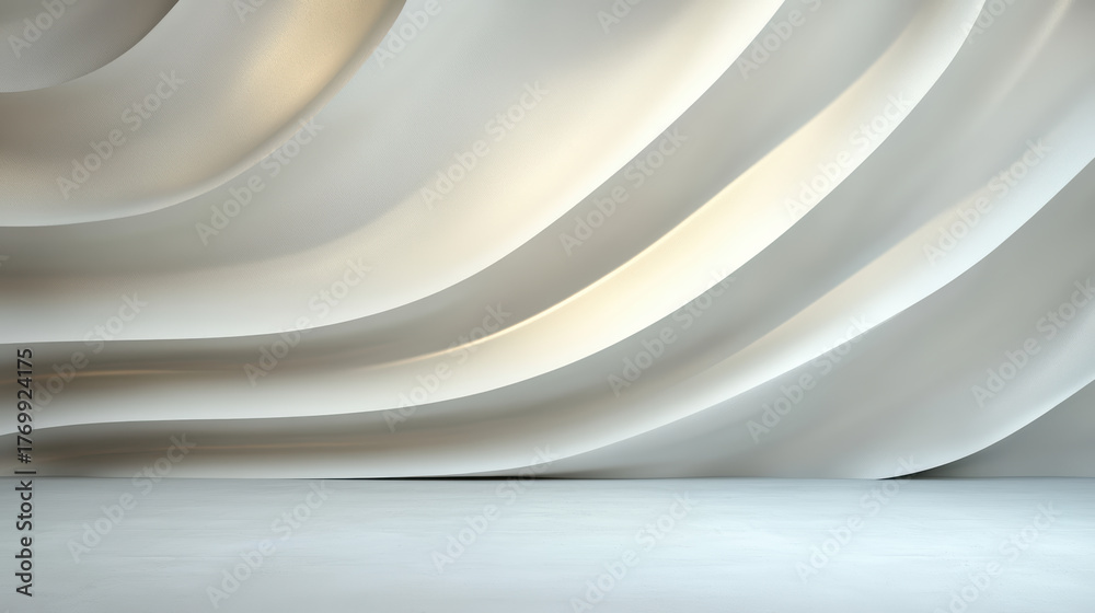 Obraz premium Sleek, modern interior with flowing white wall design and soft lighting creates serene
