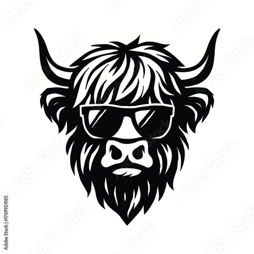 A stylish black and white illustration of a Highland cow wearing sunglasses
