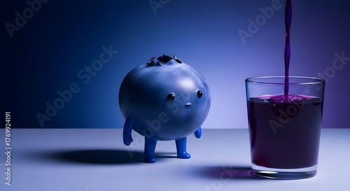 surreal anthropomorphic blueberry with small indigo legs pouring deep blue juice into a clear glass on a pale surface with a dark blue-violet background, symbolizing imagination, creativity, and calm 