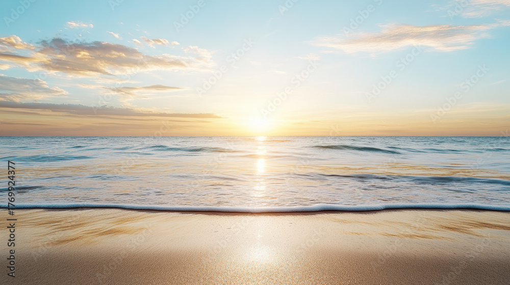 Fototapeta premium Serene ocean view sunset with gentle waves lapping sandy shore, creating peaceful atmosphere