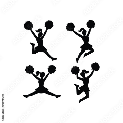Cheerleader Silhouette Collection Dynamic Jump Poses with Pom-poms for Sports Spirit