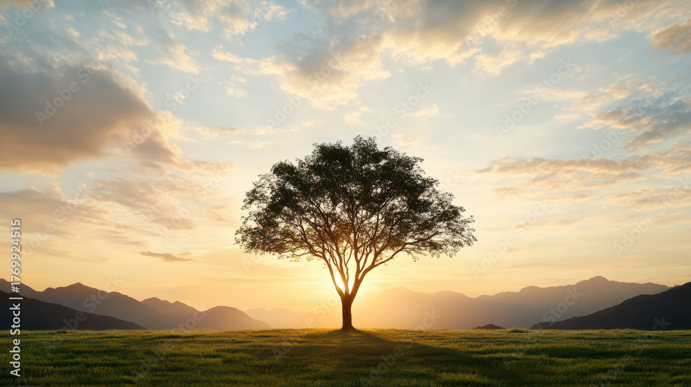 Fototapeta premium Majestic tree stands alone against stunning sunset sky, creating peaceful atmosphere