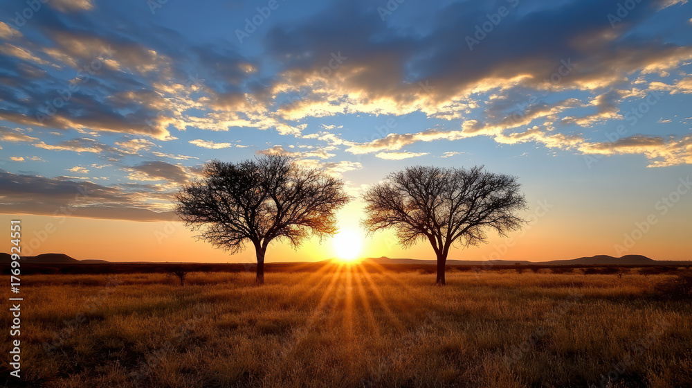 Obraz premium Golden sunset illuminates two trees in serene landscape, creating poetic atmosphere